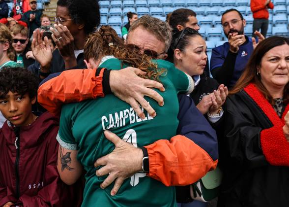 2025 Women s Rugby World Cup Quarter-Final, Sandy Park, Exeter, England 14 9 2025 France vs Ireland Ireland s Ruth Campbell with her Dad after the game Ruth Campbell with her Dad after the game 14 9 2025 Copyright: x INPHO BenxBradyx BB3_7678