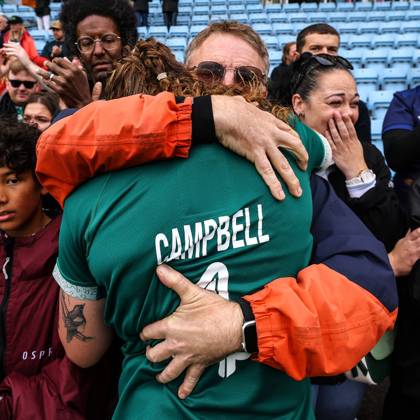 2025 Women s Rugby World Cup Quarter-Final, Sandy Park, Exeter, England 14 9 2025 France vs Ireland Ireland s Ruth Campbell with her Dad after the game Ruth Campbell with her Dad after the game 14 9 2025 Copyright: x INPHO BenxBradyx BB3_7691