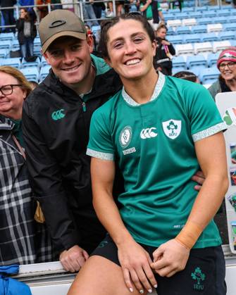 2025 Women s Rugby World Cup Quarter-Final, Sandy Park, Exeter, England 14 9 2025 France vs Ireland Ireland s Amee-Leigh Costigan with her Husband Neil after the game Amee-Leigh Costigan with her Husband Neil after the game 14 9 2025 Copyright: x INPHO BenxBradyx BB3_8274