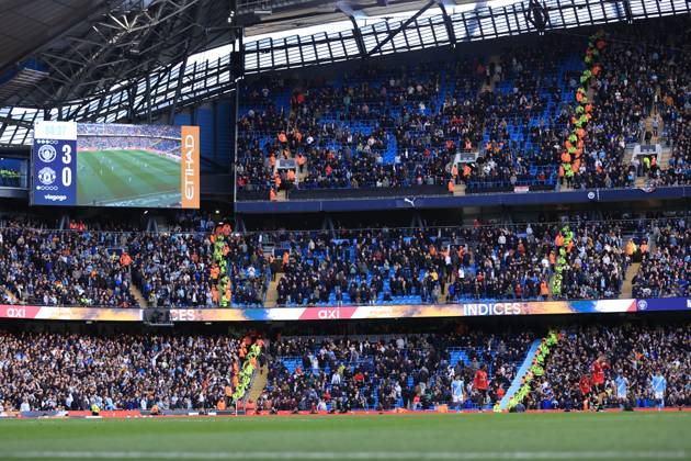 Manchester City v Manchester United, ManU 14th September 2025 - Premier League - Manchester City v Manchester United - the section of the Etihad Stadium empties out in the final minutes of the match - Photo: Simon Stacpoole Offside. Manchester UK Copyright: xSimonxStacpoolexOffside