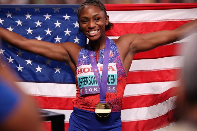 Day 2 - World Athletics Championships Tokyo 2025 Melissa Jefferson-Wooden (USA) wins the Women s 100m Final during the World Athletics Championships 2025 at the National Stadium in Tokyo, Japan, on September 14, 2025. Tokyo Tokyo Japan Copyright: xMIxNewsx originalFilename:fletcher-worldath250914_npZuP