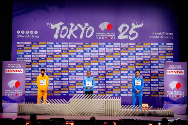 World Athletics Championships; Tokyo, 15.09.2025 Medal ceremony of Men’s Marathon during the World Athletics Championships with Amanal Petros (GER), Alphonce Felix Simbu (TAN) & Iliass Aouani (ITA) 15.09.2025 in Tokyo. Copyright: xBEAUTIFULxSPORTS Flatemerschx