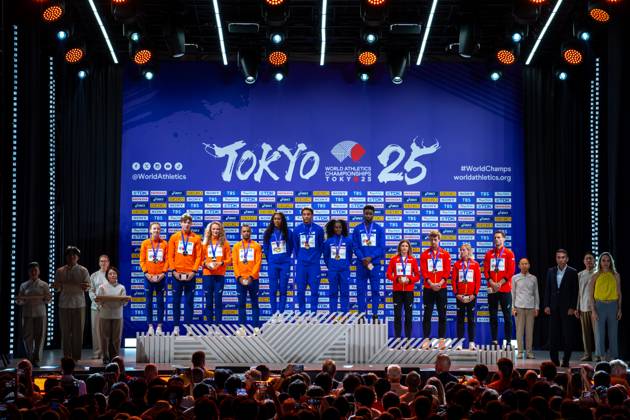 2025-09-15 World Athletics Championships Tokyo 2025 - Day 3 TOKYO, JAPAN - SEPTEMBER 15: Femke Bol of the Netherlands, Jonas Phijffers of the Netherlands, Lieke Klaver of the Netherlands, Eugene Omalla of the Netherlands during the podium ceremony after competing during the Mixed 4x400m Relay on day one of the World Athletics Championships Tokyo 2025 at National Stadium on September 15, 2025 in Tokyo, Japan. (Photo by Joris Verwijst BSR Agency) Tokyo Japan Content not available for redistribution in The Netherlands directly or indirectly through any third parties. Copyright: xBSRxAgencyx