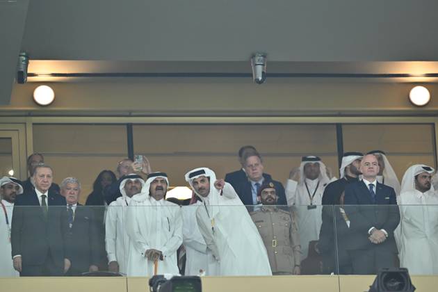Argentina v France: FIFA World Cup, WM, Weltmeisterschaft, Fussball 2022 Final LUSAIL CITY, QATAR - DECEMBER 18: Turkish President Recep Tayyip Erdogan (L), Gianni Infantino, President of FIFA, and French President Emmanuel Macron are seen ahead of the FIFA World Cup Qatar 2022 Final match between Argentina and France at Lusail Stadium on December 18, 2022 in Lusail City, Qatar. Qatar World. Editorial use only. Please get in touch for any other usage. Copyright: x2025xAnadoluxMustafaxYalcınx