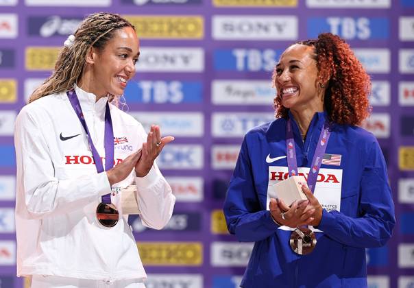 (250921) -- TOKYO, Sept. 21, 2025 -- Bronze medalists Taliyah Brooks (R) of the United States and Katarina Johnson-Thompson of Britain are seen during the women s heptathlon awarding ceremony at the 2025 World Athletics Championships in Tokyo, Japan, Sept. 21, 2025. ) (SP)JAPAN-TOKYO-ATHLETICS-WORLD ATHLETICS CHAMPIONSHIPS-WOMEN S HEPTATHLON-AWARDING CEREMONY JiaxHaocheng 