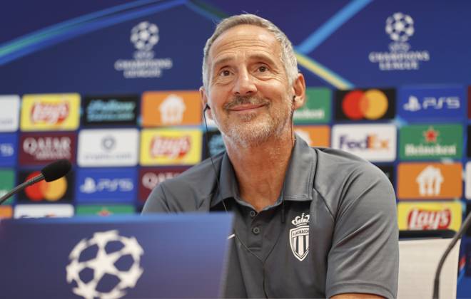 La Turbie, France - September 30, 2025: AS Monaco vs. Manchester City, UEFA Champions League- Group Stage D2 press conference, PK, Pressekonferenz with Coach Adolf Adi Huetter. Mandoga Media Germany AS Monaco vs. Manchester City, UEFA Champions League- Group Stage D2