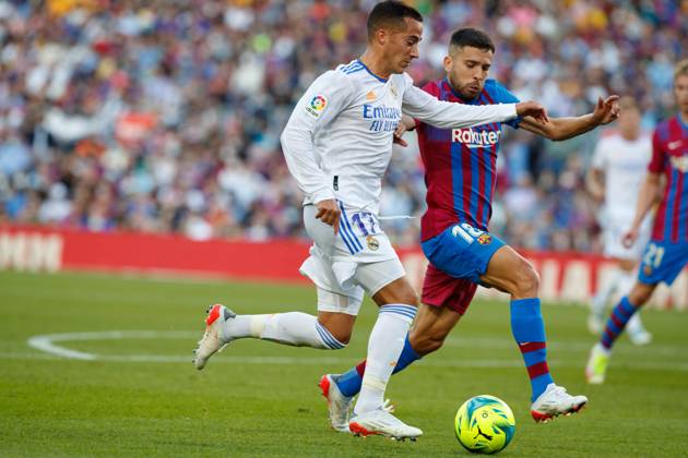 FC Barcelona, Barca v Real Madrid CF - La Liga Santander BARCELONA, SPAIN - OCTOBER 24: Lucas Vazquez of Real Madrid (L) vies with Jordi Alba of FC Barcelona (R) during the La Liga match between FC Barcelona and Real Madrid at Camp Nou in Barcelona on October 24, 2021 Catalonia Spain. Editorial use only. Please get in touch for any other usage. Copyright: x2025xAnadoluxAdriaxPuigx