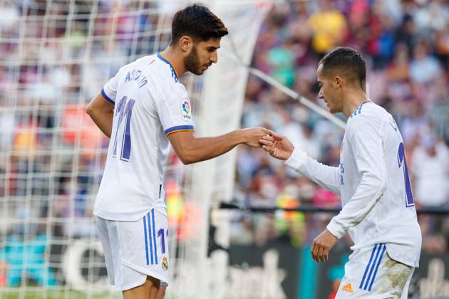 FC Barcelona, Barca v Real Madrid CF - La Liga Santander BARCELONA, SPAIN - OCTOBER 24: Lucas Vazquez of Real Madrid (R) after scoring a goal with Marco Asensio of Real Madrid (L) during the La Liga match between FC Barcelona and Real Madrid at Camp Nou in Barcelona on October 24, 2021 Catalonia Spain. Editorial use only. Please get in touch for any other usage. Copyright: x2025xAnadoluxAdriaxPuigx