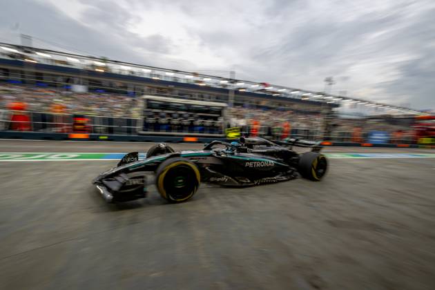 MARINA BAY, SINGAPORE: George Russell, racing for the Mercedes team during the 2025 Formula 1 Singapore Grand Prix at the Marina Bay Street Circuit in Marina Bay, Singapore
