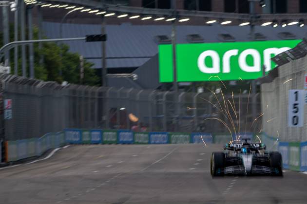 MARINA BAY, SINGAPORE: George Russell, racing for the Mercedes team during the 2025 Formula 1 Singapore Grand Prix at the Marina Bay Street Circuit in Marina Bay, Singapore