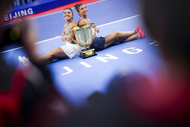 BEIJING, CHINA - OCTOBER 05: Sara Errani and Jasmine Paolini of Italy pose with trophy after winning the Women s Doubles Final match against Miyu Kato of Japan and Fanny Stollar of Hungary on day 14 of the 2025 China Open at the National Tennis Center on October 5, 2025 in Beijing, China.  Copyright: xVCGx 111595212699