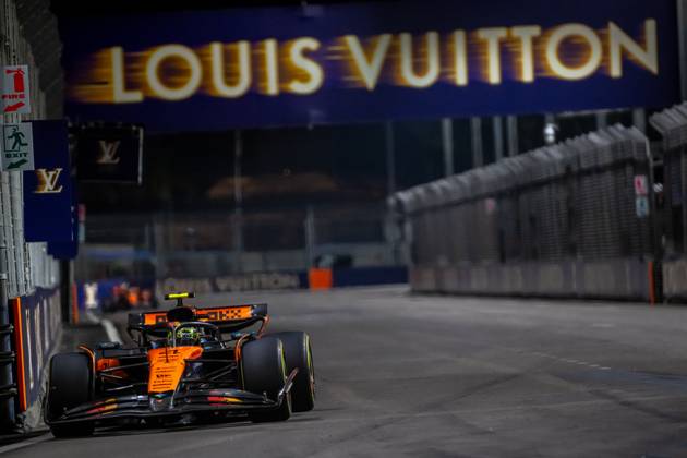 MARINA BAY, SINGAPORE: Lando Norris, racing for the McLaren F1 team during the 2025 Formula 1 Singapore Grand Prix at the Marina Bay Street Circuit in Marina Bay, Singapore