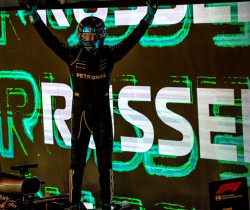 MARINA BAY, SINGAPORE: George Russell, racing for the Mercedes team during the 2025 Formula 1 Singapore Grand Prix at the Marina Bay Street Circuit in Marina Bay, Singapore