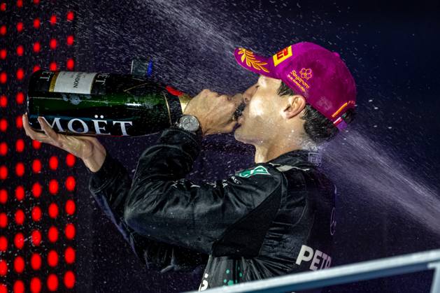 MARINA BAY, SINGAPORE: George Russell, racing for the Mercedes team during the 2025 Formula 1 Singapore Grand Prix at the Marina Bay Street Circuit in Marina Bay, Singapore