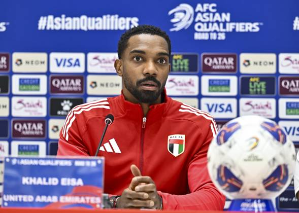 press conference, PK, Pressekonferenz TEAM UNITED ARAB EMIRATES -2026 FIFA World Cup, WM, Weltmeisterschaft, Fussball ASIAN QUALIFIER PLAYOFFS Khalid Eisa of United Arab Emirates attends a press conference ahead of the FIFA World Cup 2026 AFC Asian qualifiers playoffs group A match between United Arab Emirates and Oman at Jassim Bin Hamad Stadium in Doha, Qatar, on October 10, 2025. DOHA Qatar Copyright: xNOUSHADx