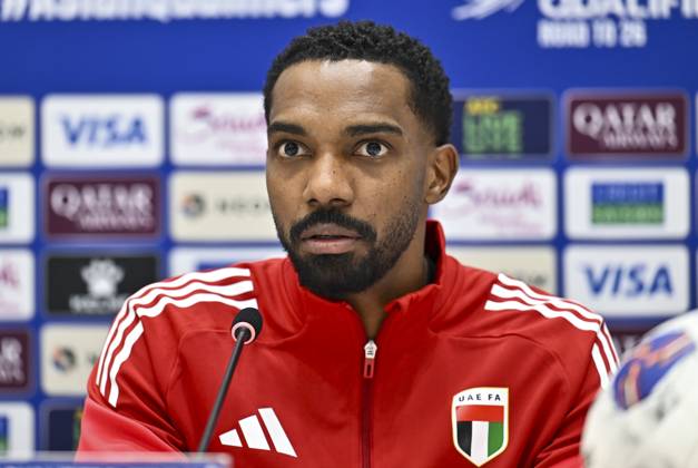 press conference, PK, Pressekonferenz TEAM UNITED ARAB EMIRATES -2026 FIFA World Cup, WM, Weltmeisterschaft, Fussball ASIAN QUALIFIER PLAYOFFS Khalid Eisa of United Arab Emirates attends a press conference ahead of the FIFA World Cup 2026 AFC Asian qualifiers playoffs group A match between United Arab Emirates and Oman at Jassim Bin Hamad Stadium in Doha, Qatar, on October 10, 2025. DOHA Qatar Copyright: xNOUSHADx