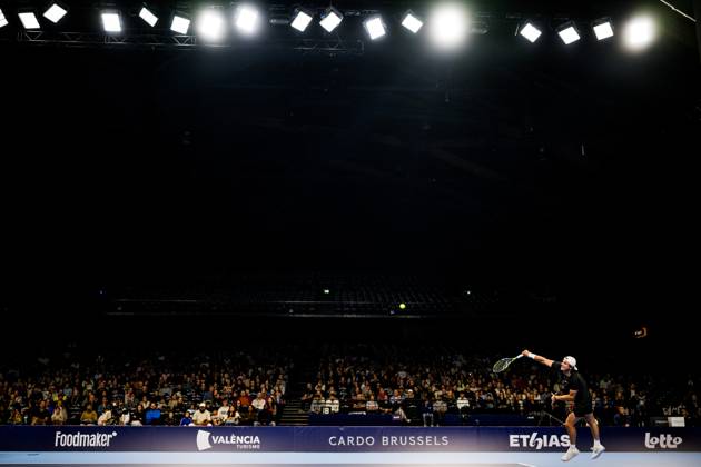 Belgian Alessio Basile pictured in action during the European Open ATP, Tennis Herren tennis tournament in Brussels, on Sunday 12 October 2025. This year s edition of the tournament is taking place from 12 to 19 October 2025. JASPERxJACOBS  x136591245x