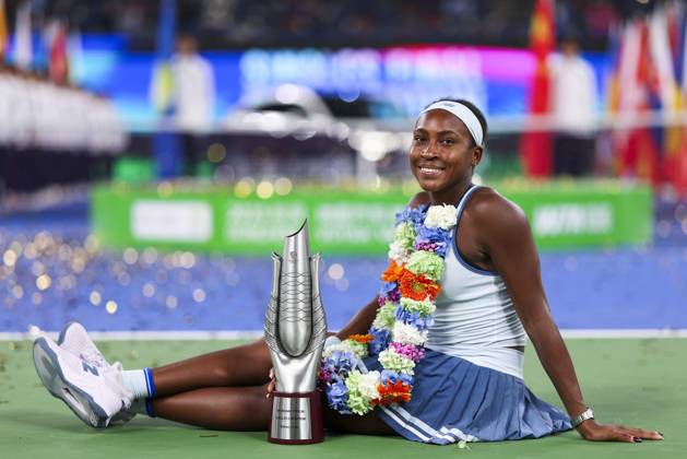 WUHAN, CHINA - OCTOBER 12: Champion Coco Gauff of the United States poses with the trophy at the award ceremony after winning the Women s Singles Final match against Jessica Pegula of the United States on day 9 of 2025 Wuhan Open at Optics Valley International Tennis Center on October 12, 2025 in Wuhan, Hubei Province of China.  Copyright: xVCGx 111596765146