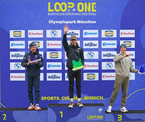 BIATHLON - Loop One Opening Festival MUNICH,GERMANY,19.OCT.25 - BIATHLON - Loop One Opening Festival. Image shows the rejoicing of Isak Leknes Frey (NOR), Eric Perrot (FRA) and Justus Strelow (GER).  GEPAxpictures xThomasxBachun