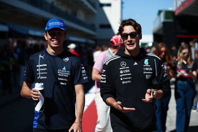 F1 - UNITED STATES GRAND PRIX 2025 RUSSELL George (gbr), Mercedes AMG F1 Team W16, portrait and ALBON Alexander (tha), Williams Racing FW47, portrait during the 2025 Formula 1 United States Grand Prix, 19th round of the 2025 FIA Formula One World Championship, WM, Weltmeisterschaft from October 17 to 19, 2025 on the Circuit of the Americas, in Austin, Texas, United States of America - AustinUnited States Copyright: xEricxAlonsox