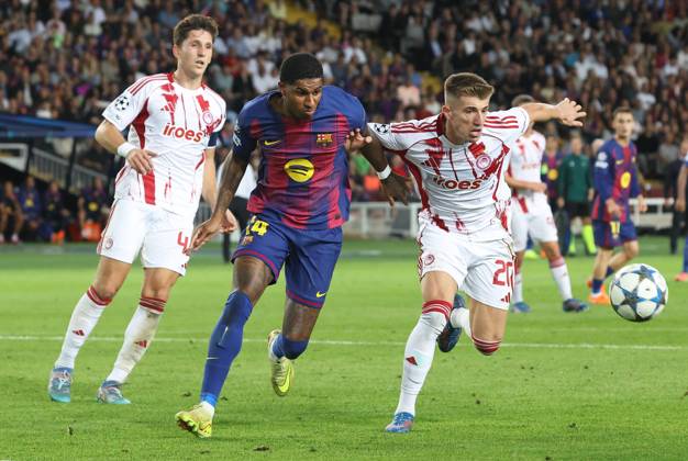 FC Barcelona, Barca v Olympiacos FC - UEFA Champions League 2025 26 League Phase MD3 Marcus Rashford and Costinha play during the match between FC Barcelona and Olympiacos FC, corresponding to Matchday 3 of the League phase of the UEFA Champions League, at the Lluis Companys Stadium in Barcelona, Spain, on October 21, 2025. Barcelona Barcelona Spain Copyright: xUrbanandsportx originalFilename:urbanandsport-fcbarcel251021_np82U