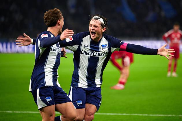 Tor zum 1:0 und Sieg, Maurice Krattenmacher (Hertha BSC, 14), Fabian Reese (Hertha BSC, 11), GER, Hertha BSC vs. ,Fortuna Duesseldorf, 2. Bundesliga, Saison 2025 2026, 10. Spieltag, 25.010.2025 (DFL REGULATIONS PROHIBIT ANY USE OF PHOTOGRAPHS AS IMAGE SEQUENCES AND OR QUASI - VIDEO). GER, Hertha BSC vs. ,Fortuna Duesseldorf, 2. Bundesliga, Saison 2025 2026, 10. Spieltag, 25.010.2025 Berlin