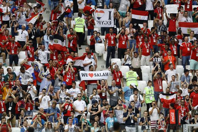 Saudi Arabia v Egypt : Group A - 2018 FIFA World Cup, WM, Weltmeisterschaft, Fussball Russia VOLGOGRAD, RUSSIA - JUNE 25 : Fans of Egypt celebrate after their national team, Nationalteam scored a goal during the 2018 FIFA World Cup Russia Group G match between Saudi Arabia and Egypt at the Volgograd Arena in Volgograd, Russia on June 25, 2018. Volgograd Rusya. Editorial use only. Please get in touch for any other usage.  Copyright: x2025xAnadoluxGökhanxBalcÄ±x