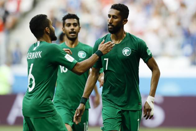 Saudi Arabia v Egypt : Group A - 2018 FIFA World Cup, WM, Weltmeisterschaft, Fussball Russia VOLGOGRAD, RUSSIA - JUNE 25 : Salman Alfaraj (7) of Saudi Arabia celebrates after scoring a goal with his team mates during the 2018 FIFA World Cup Russia Group G match between Saudi Arabia and Egypt at the Volgograd Arena in Volgograd, Russia on June 25, 2018. Volgograd Rusya. Editorial use only. Please get in touch for any other usage.  Copyright: x2025xAnadoluxGökhanxBalcÄ±x