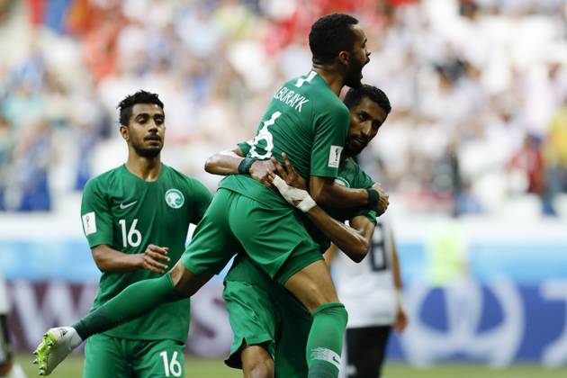 Saudi Arabia v Egypt : Group A - 2018 FIFA World Cup, WM, Weltmeisterschaft, Fussball Russia VOLGOGRAD, RUSSIA - JUNE 25 : Salman Alfaraj (7) of Saudi Arabia celebrates after scoring a goal with his team mates during the 2018 FIFA World Cup Russia Group G match between Saudi Arabia and Egypt at the Volgograd Arena in Volgograd, Russia on June 25, 2018. Volgograd Rusya. Editorial use only. Please get in touch for any other usage.  Copyright: x2025xAnadoluxGökhanxBalcÄ±x