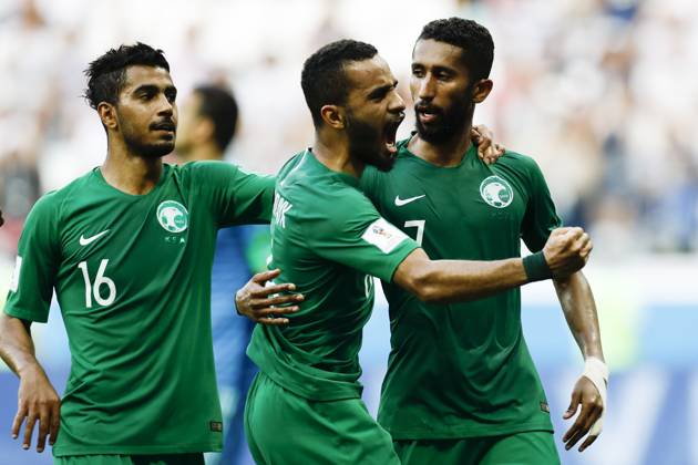 Saudi Arabia v Egypt : Group A - 2018 FIFA World Cup, WM, Weltmeisterschaft, Fussball Russia VOLGOGRAD, RUSSIA - JUNE 25 : Salman Alfaraj (7) of Saudi Arabia celebrates after scoring a goal with his team mates during the 2018 FIFA World Cup Russia Group G match between Saudi Arabia and Egypt at the Volgograd Arena in Volgograd, Russia on June 25, 2018. Volgograd Rusya. Editorial use only. Please get in touch for any other usage.  Copyright: x2025xAnadoluxGökhanxBalcÄ±x