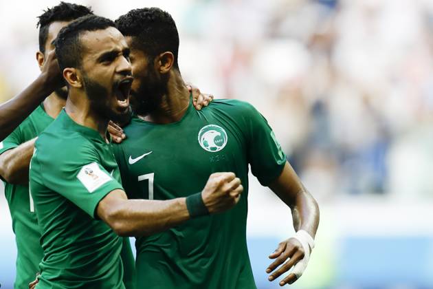 Saudi Arabia v Egypt : Group A - 2018 FIFA World Cup, WM, Weltmeisterschaft, Fussball Russia VOLGOGRAD, RUSSIA - JUNE 25 : Salman Alfaraj (7) of Saudi Arabia celebrates after scoring a goal with his team mates during the 2018 FIFA World Cup Russia Group G match between Saudi Arabia and Egypt at the Volgograd Arena in Volgograd, Russia on June 25, 2018. Volgograd Rusya. Editorial use only. Please get in touch for any other usage.  Copyright: x2025xAnadoluxGökhanxBalcÄ±x
