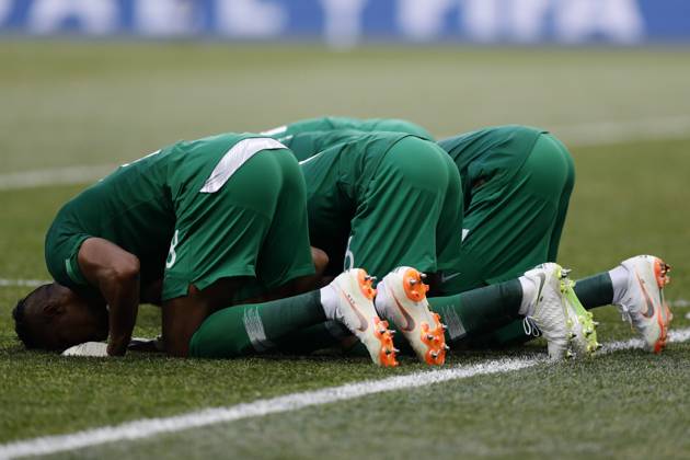 Saudi Arabia v Egypt : Group A - 2018 FIFA World Cup, WM, Weltmeisterschaft, Fussball Russia VOLGOGRAD, RUSSIA - JUNE 25 : Players of Saudi Arabia celebrate after scoring a goal during the 2018 FIFA World Cup Russia Group G match between Saudi Arabia and Egypt at the Volgograd Arena in Volgograd, Russia on June 25, 2018. Volgograd Rusya. Editorial use only. Please get in touch for any other usage.  Copyright: x2025xAnadoluxGökhanxBalcÄ±x