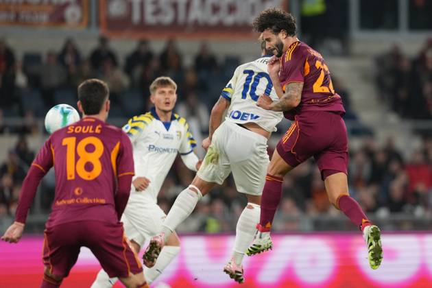 Mario Hermoso of AS Roma scores the goal of 1-0 during the Serie A 2025 2026 football match between AS Roma and Parma Calcio 1913 at Stadio Olimpico in Rome (Italy), October 29, 2025. antoniettaxbaldassarre