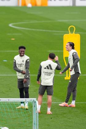 October 31, 2025, Valdebebas, Madrid, Spain: Vinicius Junior, Alvaro Carreras and Brahim Diaz during the training day of Real Madrid ahead the Spanish League, LaLiga EA Sports, football match against Valencia CF at Ciudad Deportiva Real Madrid on October 31, 2025, in Valdebebas, Madrid, Spain. Valdebebas Spain - ZUMAa181 20251031_zaa_a181_048 Copyright: xDennisxAgyemanx