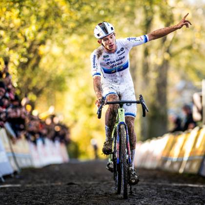 Belgian Thibau Nys celebrates as he crosses the finish line to win the men elite race of the Koppenbergcross, the first race (out of eight) of the X2O Badkamers trophy cyclocross competition, in Melden, Oudenaarde, on Saturday 01 November 2025. JASPERxJACOBS x138627987x