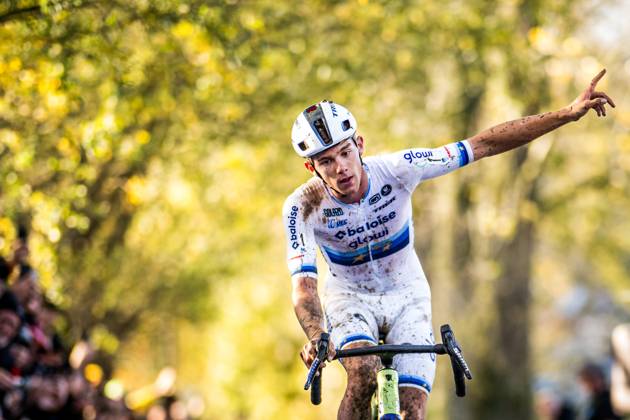 Belgian Thibau Nys celebrates as he crosses the finish line to win the men elite race of the Koppenbergcross, the first race (out of eight) of the X2O Badkamers trophy cyclocross competition, in Melden, Oudenaarde, on Saturday 01 November 2025. JASPERxJACOBS x138628006x
