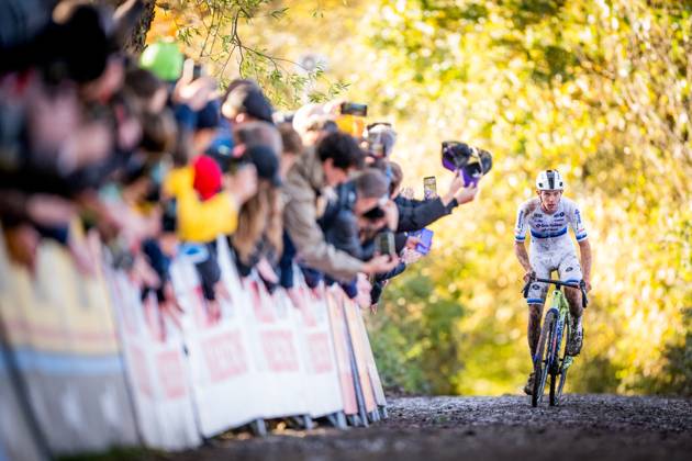 Belgian Thibau Nys celebrates as he crosses the finish line to win the men elite race of the Koppenbergcross, the first race (out of eight) of the X2O Badkamers trophy cyclocross competition, in Melden, Oudenaarde, on Saturday 01 November 2025. JASPERxJACOBS x138628077x