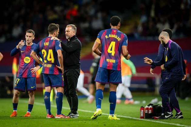 November 2, 2025, Barcelona, Spain: Head Coach Hansi Flick FC Barcelona, Barca and Eric Garcia (FC Barcelona) seen during the La Liga EA Sports match between FC Barcelona and Elche CF at Estadi Olimpic LluÃas Companys. Final Score: FC Barcelona 3:1 Elche CF. Barcelona Spain - ZUMAs197 20251102_aaa_s197_162 Copyright: xFelipexMondinox