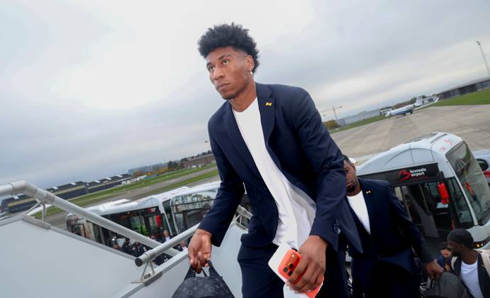 Union s Kevin Rodriguez pictured during the departure of Belgian soccer team Royale Union Saint-Gilloise in Zaventem airport, on the way to Madrid, Spain, on Monday 03 November 2025. The team prepares for tomorrow s match against Spanish Club Atletico Madrid, on the day 4 of the League phase of the UEFA Champions League tournament. VIRGINIExLEFOUR x138831352x