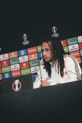 FC Midtjylland press conference, PK, Pressekonferenz - Europa League Herning, Denmark - November 5: Head coahc Mike Tullberg and Kevin Mbabu during FC Midtjylland press conference ahead of the match against Glasgow Celtic in UEFA Europa League at MCH Arena Herning MCH Arena Denmark Copyright: xDANIELxSTENTZx