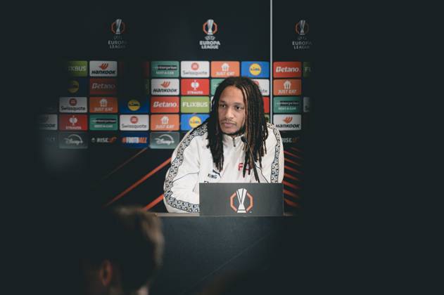 FC Midtjylland press conference, PK, Pressekonferenz - Europa League Herning, Denmark - November 5: Head coahc Mike Tullberg and Kevin Mbabu during FC Midtjylland press conference ahead of the match against Glasgow Celtic in UEFA Europa League at MCH Arena Herning MCH Arena Denmark Copyright: xDANIELxSTENTZx