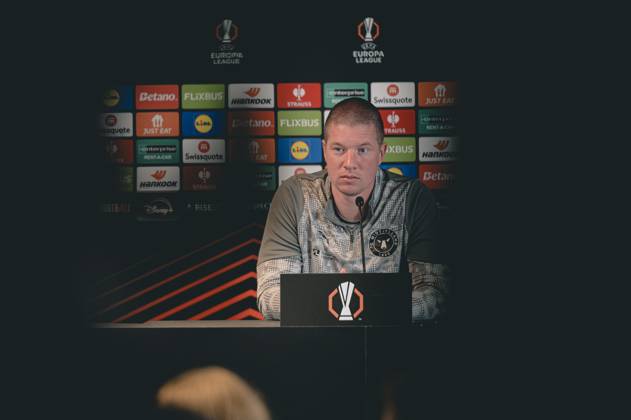 FC Midtjylland press conference, PK, Pressekonferenz - Europa League Herning, Denmark - November 5: Head coahc Mike Tullberg and Kevin Mbabu during FC Midtjylland press conference ahead of the match against Glasgow Celtic in UEFA Europa League at MCH Arena Herning MCH Arena Denmark Copyright: xDANIELxSTENTZx
