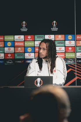 FC Midtjylland press conference, PK, Pressekonferenz - Europa League Herning, Denmark - November 5: Head coahc Mike Tullberg and Kevin Mbabu during FC Midtjylland press conference ahead of the match against Glasgow Celtic in UEFA Europa League at MCH Arena Herning MCH Arena Denmark Copyright: xDANIELxSTENTZx