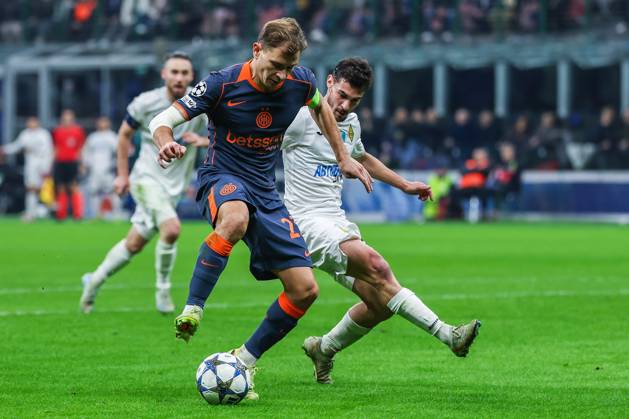 Nicolo Barella of FC Internazionale seen in action during UEFA Champions League 2025 26 League Phase - Matchday 4 football match between FC Internazionale and FC Kairat Almaty at San Siro Stadium in Milan Italy on 05 November 2025. Milan Stadio Giuseppe Meazza Milan Italy Copyright: xEPhotopressx SP24-1283-135