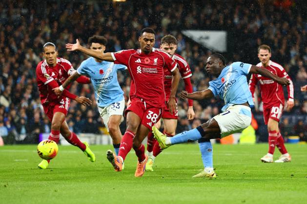 Jeremy Doku of Manchester City shoots at goal Manchester City v Liverpool, Premier League, Football, Etihad Stadium, Manchester, UK - 09 Nov 2025Manchester Etihad Stadium United Kingdom EDITORIAL USE ONLY No use with unauthorised audio, video, data, fixture lists, club league logos or live services. Online in-match use limited to 120 images, no video emulation. No use in betting, games or single club league player publications. Copyright: xPaulxCurrie Shutterstockx 15702266ex