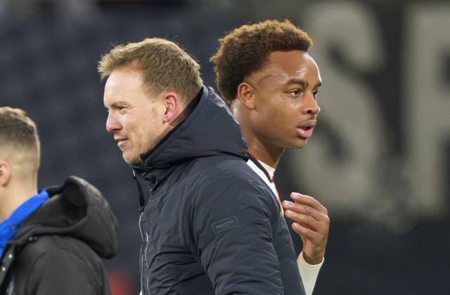DFB headcoach Julian Nagelsmann , Bundestrainer, Nationaltrainer celebrate with Assan Ouedraogo of Germany after the FIFA World Cup, WM, Weltmeisterschaft, Fussball 2026 qualifier match GERMANY - SLOVAKIA 6-0 in Season 2025 2026 at November 17, 2025 in Leipzig, Germany.