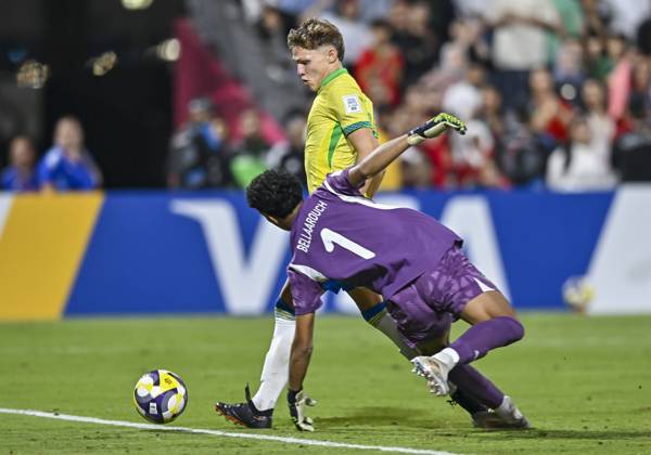 Morocco v Brazil : Quarter-final- FIFA U-17 World Cup Qatar 2025 Dell (L) of Brazil scores his team s second goal during the FIFA U-17 World Cup Qatar 2025 Quarter-final match between Morocco and Brazil in Doha, Qatar, on November 21, 2025. DOHA Qatar Copyright: xNOUSHADxTHEKKAYILx