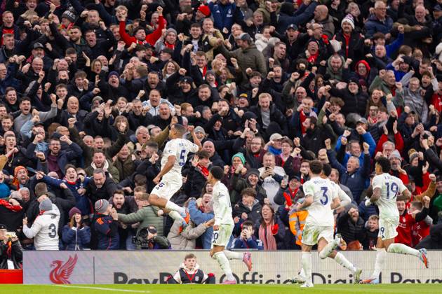 Football - FA Premier League - Liverpool FC v Nottingham Forest FC LIVERPOOL, ENGLAND - Saturday, November 22, 2025: Nottingham Forest s Murillo celebrates with team-mates after scoring the first goal during the FA Premier League match between Liverpool FC and Nottingham Forest FC at Anfield. (Photo by David Rawcliffe Propaganda) LIVERPOOL Anfield MERSEYSIDE ENGLAND Copyright: xDavidxRawcliffex P2025-11-22-Liverpool_Nottingham_Forest-38
