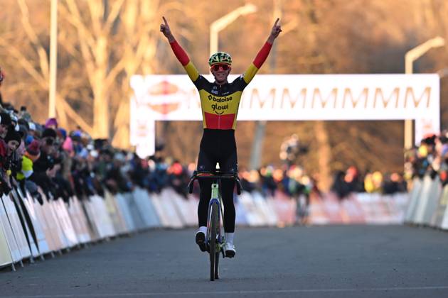 Belgian Thibau Nys celebrates as he crosses the finish line to win alone the men elite race at the World Cup cyclocross cycling event in Tabor, Czech Republic, stage 1 (out of 12) of the UCI World Cup cyclocross competition, Sunday 23 November 2025. DAVIDxPINTENS x143651395x