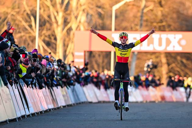 Belgian Thibau Nys celebrates as he crosses the finish line to win the men elite race at the World Cup cyclocross cycling event in Tabor, Czech Republic, stage 1 (out of 12) of the UCI World Cup cyclocross competition, Sunday 23 November 2025. DAVIDxPINTENS x143656432x